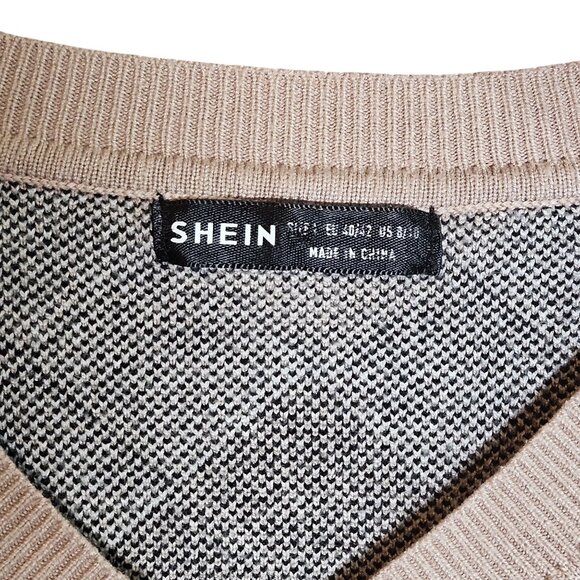 Argyle V-Neck Sweater SHEIN Womens Beige & Black Knitted 8 Light Academia Preppy - Picture 8 of 11